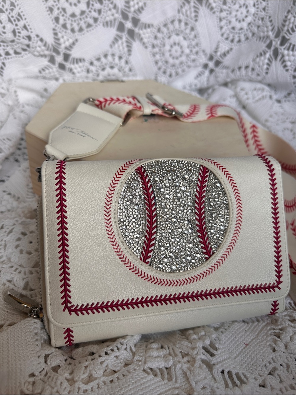 Betsey Johnson Grand Slam Baseball Crossbody Cream Rhinestone Bling Wide Strap